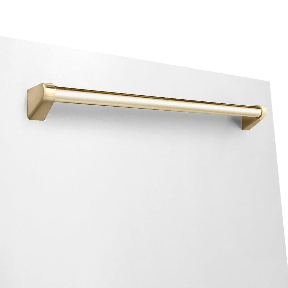 ZLINE Autograph Edition 24 in. Monument Series 3rd Rack Top Touch Control Tall Tub Dishwasher in White Matte with Polished Gold Handle, 45dBa (DWMTZ-WM-24-G) close-up, Polished Gold Autograph Edition handle on panel.