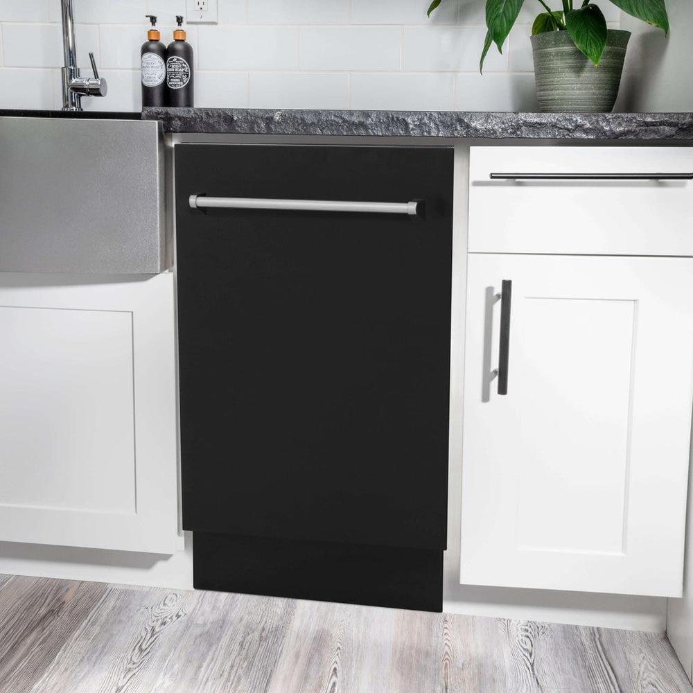 ZLINE 18 in. Tallac Series 3rd Rack Top Control Built-In Dishwasher in Black Matte with Stainless Steel Tub, 51dBa (DWV-BLM-18) built-in to white cabinets with granite countertops in a luxury kitchen.