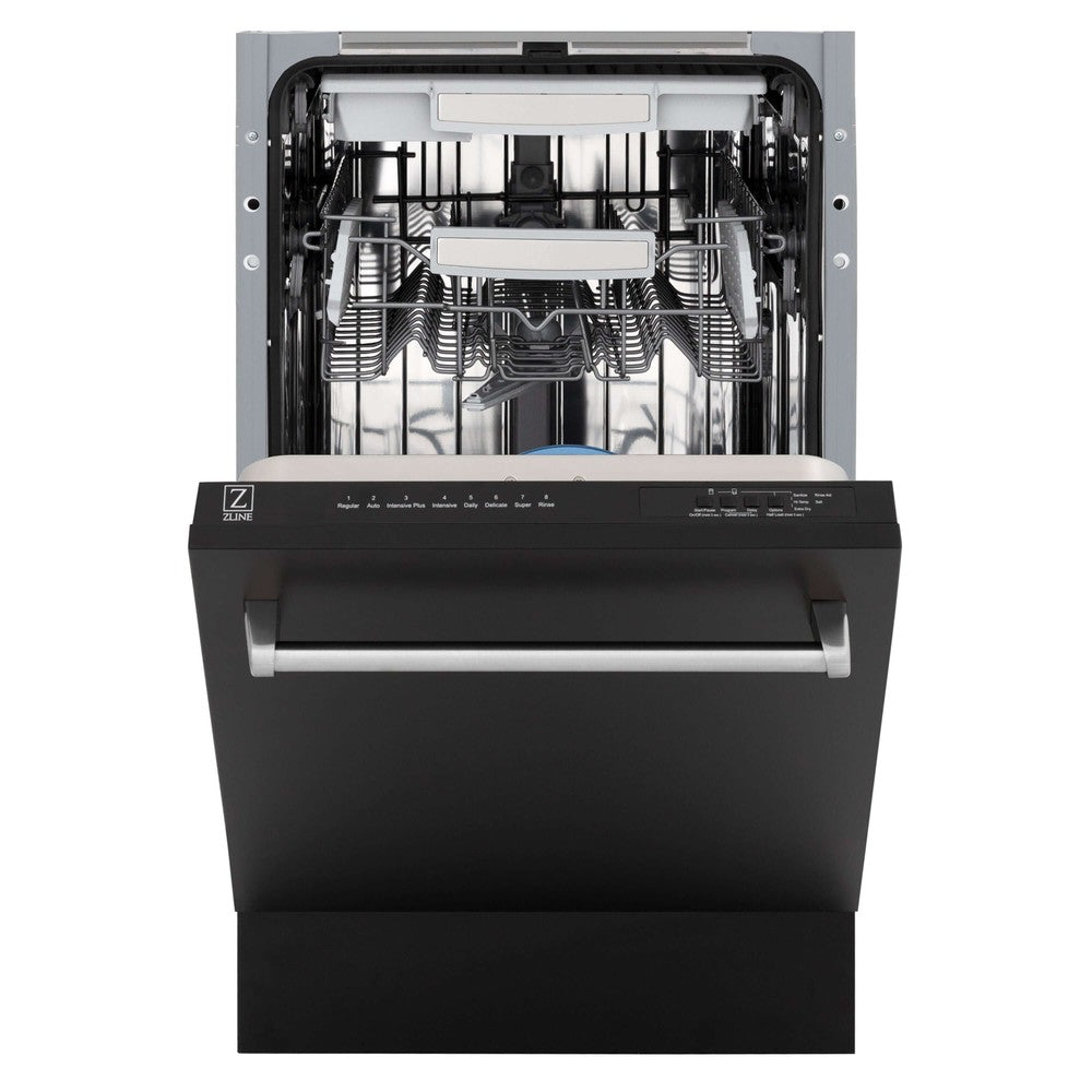 ZLINE 18 in. Tallac Series 3rd Rack Top Control Built-In Dishwasher in Black Matte with Stainless Steel Tub, 51dBa (DWV-BLM-18) front, half open.