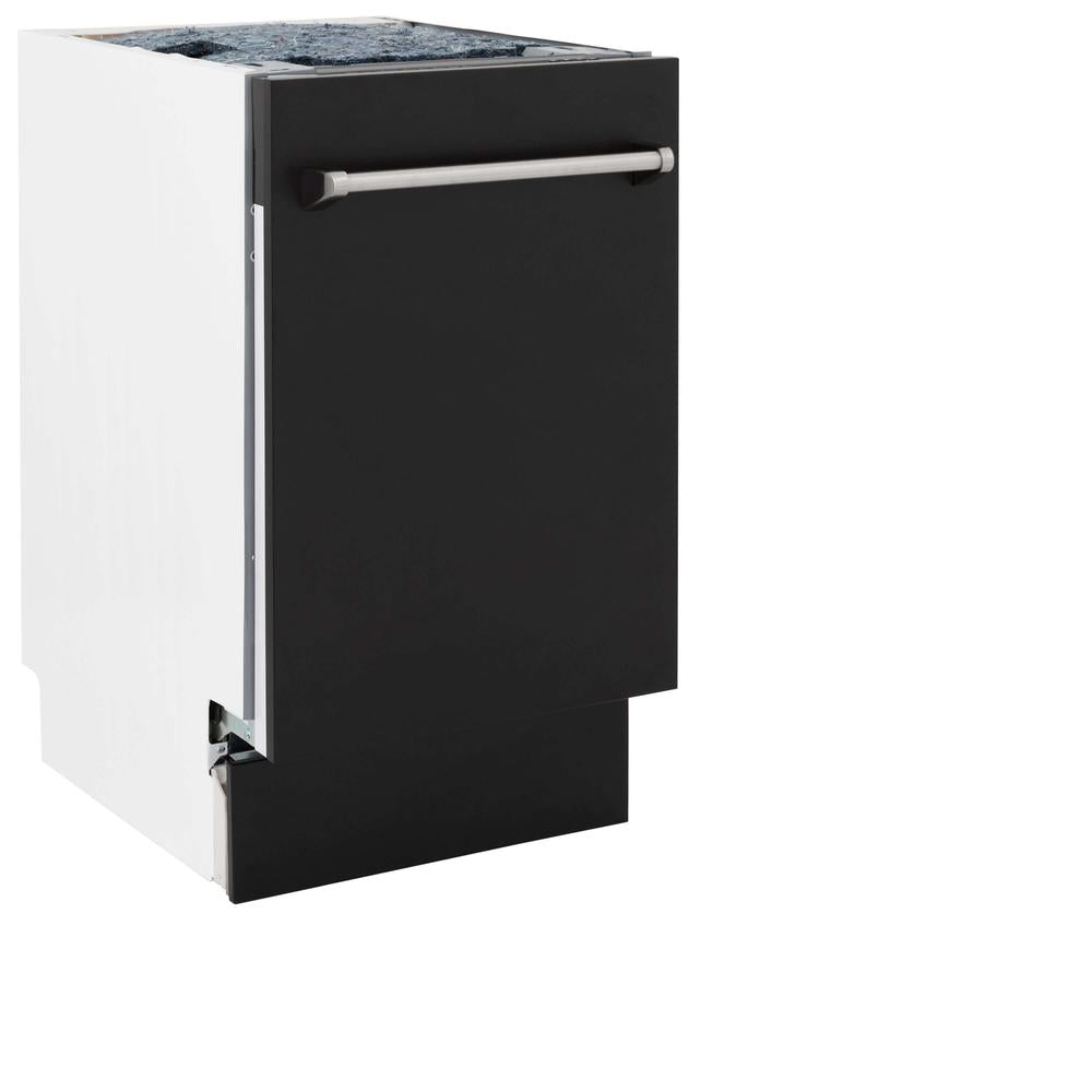 ZLINE 18 in. Tallac Series 3rd Rack Top Control Built-In Dishwasher in Black Matte with Stainless Steel Tub, 51dBa (DWV-BLM-18) front, closed.
