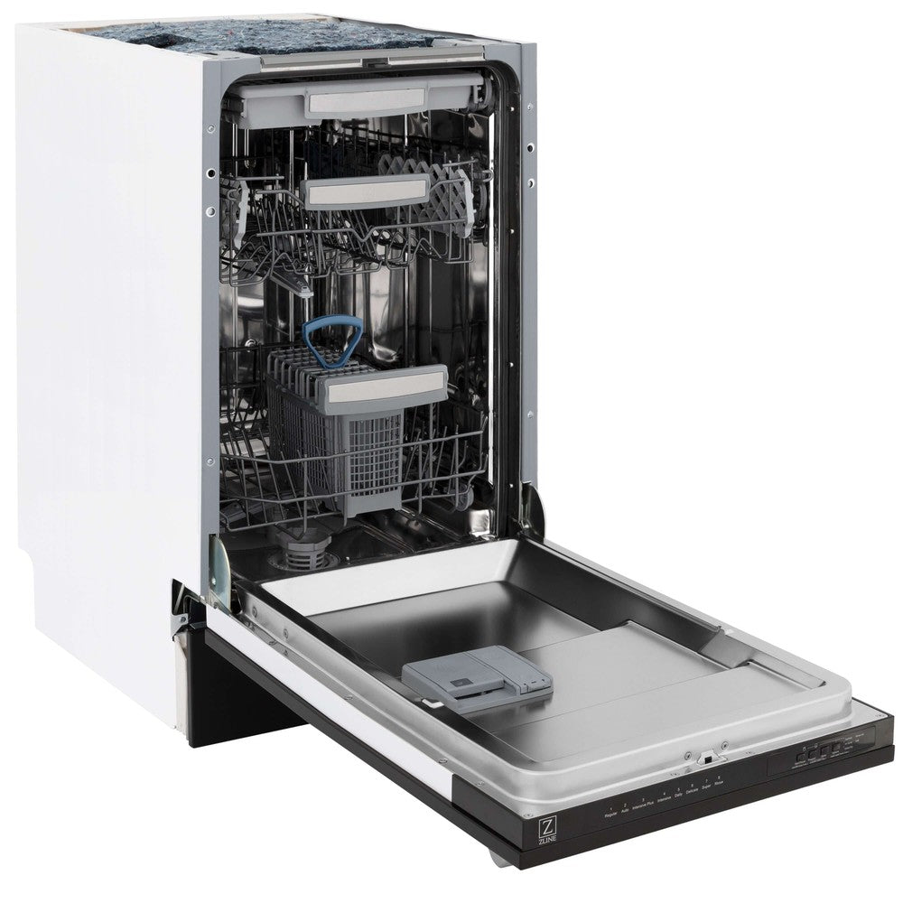 ZLINE 18 in. Tallac Series 3rd Rack Top Control Built-In Dishwasher in Black Matte with Stainless Steel Tub, 51dBa (DWV-BLM-18) side, open.
