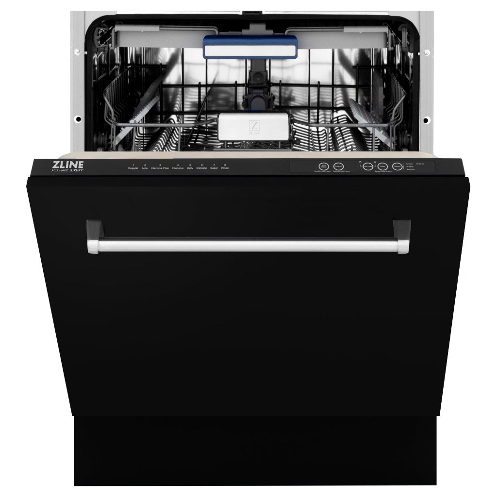 ZLINE 24 in. Tallac Series 3rd Rack Tall Tub Dishwasher in Black Matte with Stainless Steel Tub, 51dBa (DWV-BLM-24) front, half open.