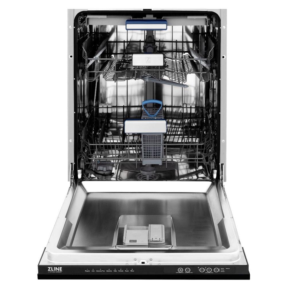 ZLINE 24 in. Tallac Series 3rd Rack Tall Tub Dishwasher in Black Matte with Stainless Steel Tub, 51dBa (DWV-BLM-24) front, open.