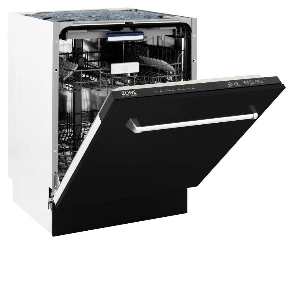 ZLINE 24 in. Tallac Series 3rd Rack Tall Tub Dishwasher in Black Matte with Stainless Steel Tub, 51dBa (DWV-BLM-24) side, half open.