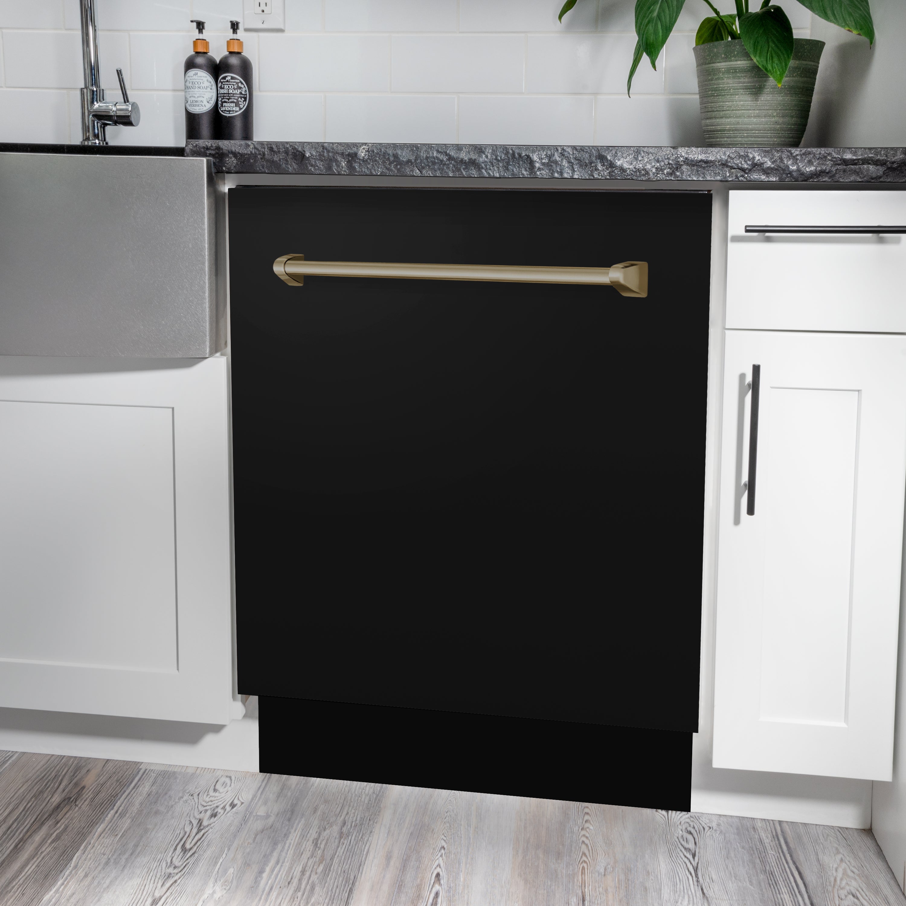 ZLINE 24" Dishwasher in Black Stainless Steel built-in to counter in modern farmhouse style kitchen.