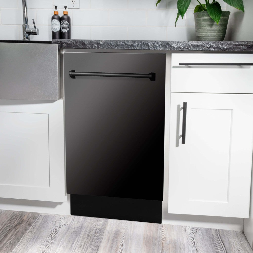 ZLINE 18 in. Tallac Series 3rd Rack Top Control Built-In Dishwasher in Black Stainless Steel with Stainless Steel Tub, 51dBa (DWV-BS-18) built-in to white cabinets with granite countertops in a luxury kitchen.