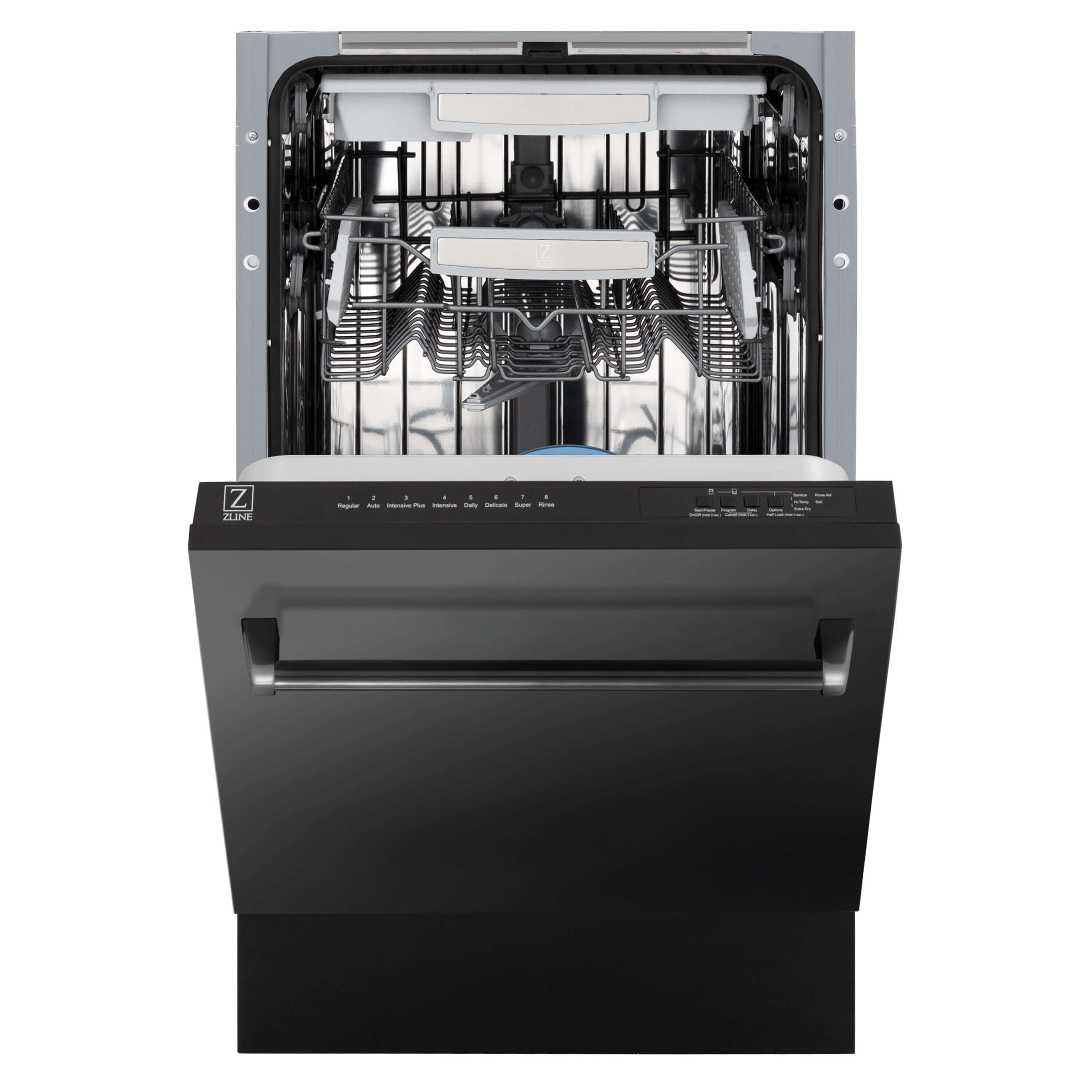 ZLINE 18 in. Tallac Series 3rd Rack Top Control Built-In Dishwasher in Black Stainless Steel with Stainless Steel Tub, 51dBa (DWV-BS-18) front, half open.