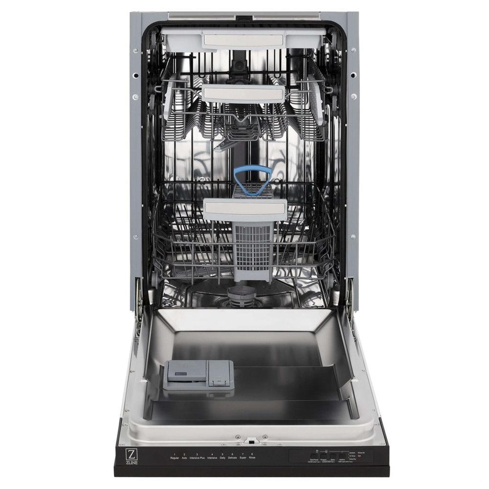 ZLINE 18 in. Tallac Series 3rd Rack Top Control Built-In Dishwasher in Black Stainless Steel with Stainless Steel Tub, 51dBa (DWV-BS-18) front, open.