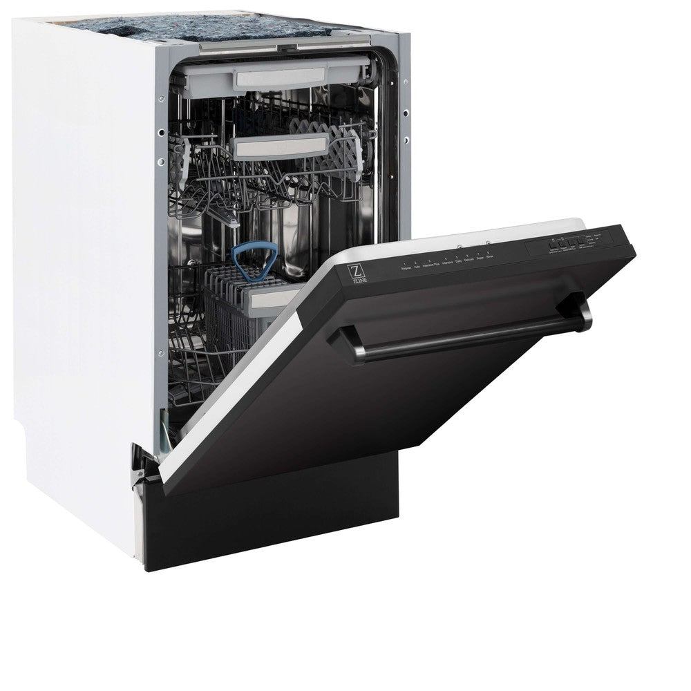 ZLINE 18 in. Tallac Series 3rd Rack Top Control Built-In Dishwasher in Black Stainless Steel with Stainless Steel Tub, 51dBa (DWV-BS-18) side, half open.