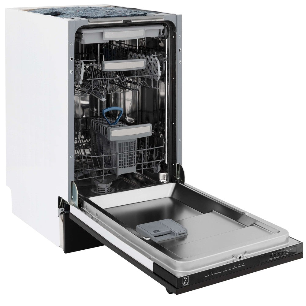 ZLINE 18 in. Tallac Series 3rd Rack Top Control Built-In Dishwasher in Black Stainless Steel with Stainless Steel Tub, 51dBa (DWV-BS-18) side, open.