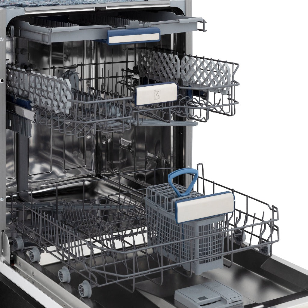 ZLINE 24 in. Tallac Series 3rd Rack Tall Tub Dishwasher in Black Stainless Steel with Stainless Steel Tub, 51dBa (DWV-BS-24) close-up, dishwasher open with dish racks extended from side.