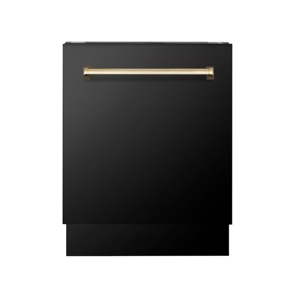 ZLINE 48 in. Autograph Edition Kitchen Package with Black Stainless Steel Dual Fuel Range, Range Hood, Dishwasher and Refrigeration with Polished Gold Accents (4AKPR-RABRHDWV48-G)