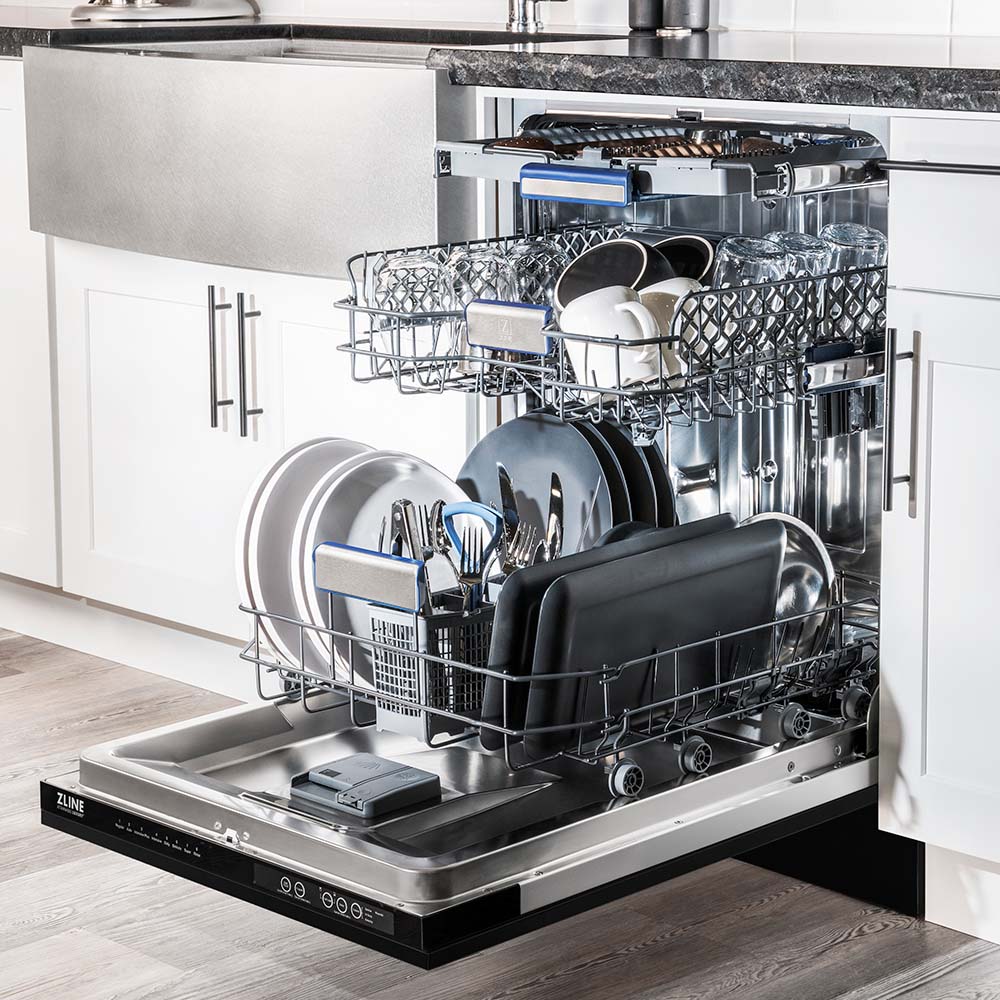 ZLINE 24 in. Tallac Series 3rd Rack Tall Tub Dishwasher in Black Stainless Steel with Stainless Steel Tub, 51dBa (DWV-BS-24) open with dishes loaded inside in a luxury kitchen, side.
