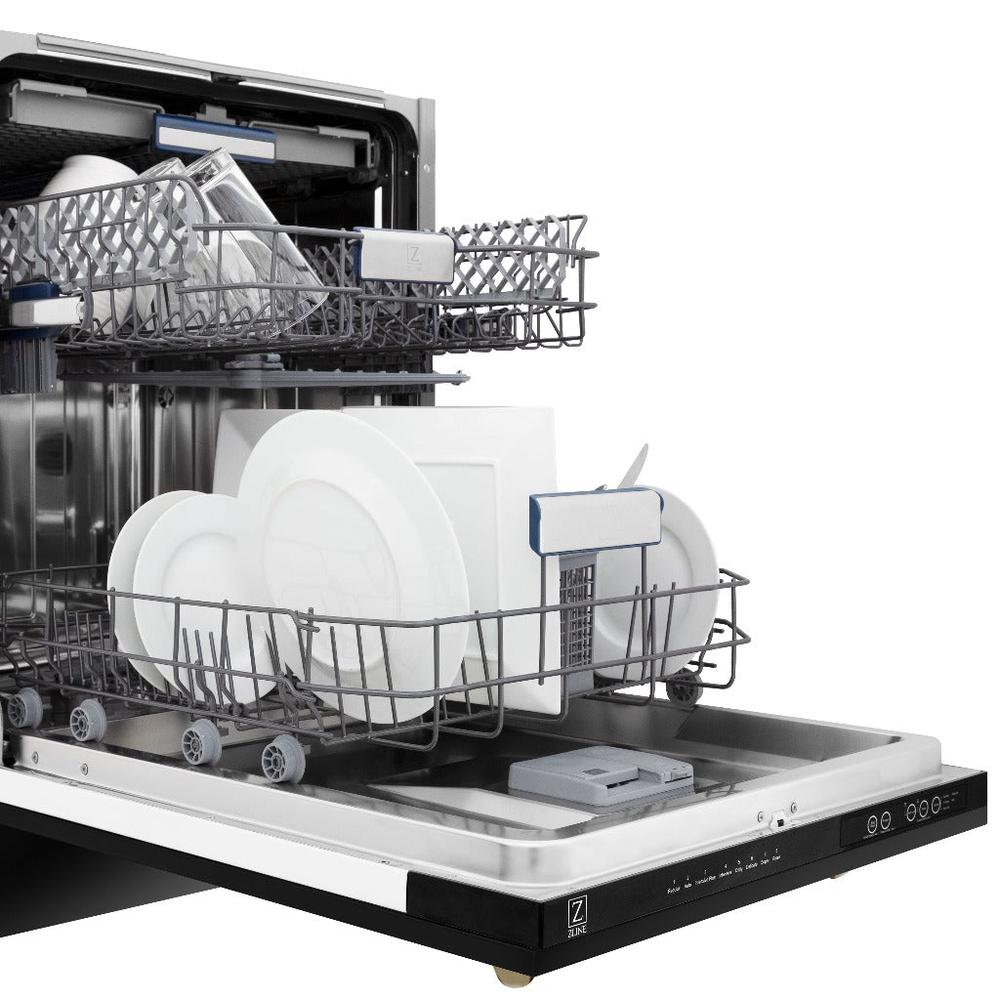 ZLINE Autograph Edition 18 in. Tallac Series 3rd Rack Top Control Built-In Dishwasher in Black Stainless Steel with Champagne Bronze Handle, 51dBa (DWVZ-BS-18-CB) close-up, open with dishes on dish racks from side.