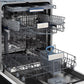ZLINE Autograph Edition 18 in. Tallac Series 3rd Rack Top Control Built-In Dishwasher in Black Stainless Steel with Champagne Bronze Handle, 51dBa (DWVZ-BS-18-CB) close-up, dishwasher open with dish racks extended from side.