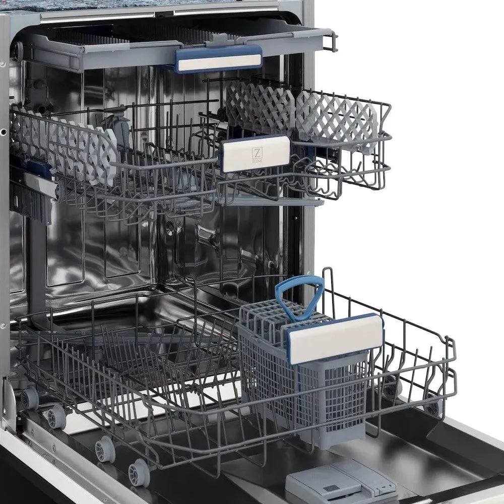ZLINE Autograph Edition 18 in. Tallac Series 3rd Rack Top Control Built-In Dishwasher in Black Stainless Steel with Champagne Bronze Handle, 51dBa (DWVZ-BS-18-CB) close-up, dishwasher open with dish racks extended from side.