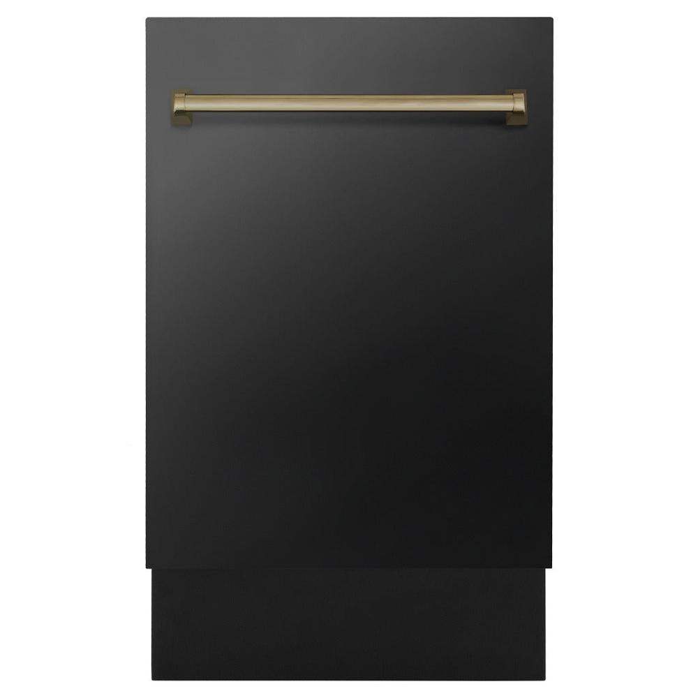 ZLINE Autograph Edition 18 in. Tallac Series 3rd Rack Top Control Built-In Dishwasher in Black Stainless Steel with Champagne Bronze Handle, 51dBa (DWVZ-BS-18-CB) 