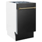 ZLINE Autograph Edition 18 in. Tallac Series 3rd Rack Top Control Built-In Dishwasher in Black Stainless Steel with Champagne Bronze Handle, 51dBa (DWVZ-BS-18-CB) side, closed.