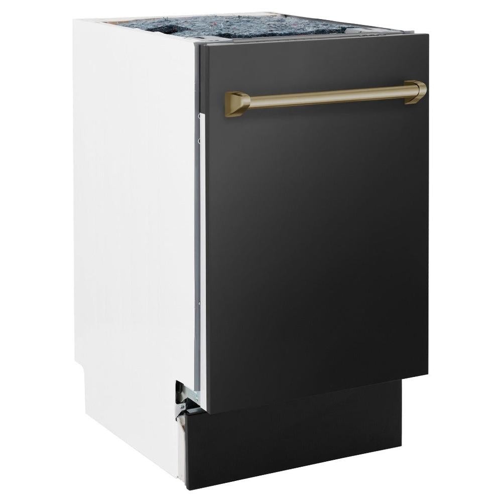 ZLINE Autograph Edition 18 in. Tallac Series 3rd Rack Top Control Built-In Dishwasher in Black Stainless Steel with Champagne Bronze Handle, 51dBa (DWVZ-BS-18-CB) side, closed.