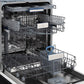 ZLINE Autograph Edition 18 in. Tallac Series 3rd Rack Top Control Built-In Dishwasher in Black Stainless Steel with Polished Gold Handle, 51dBa (DWVZ-BS-18-G) close-up, dishwasher open with dish racks extended from side.
