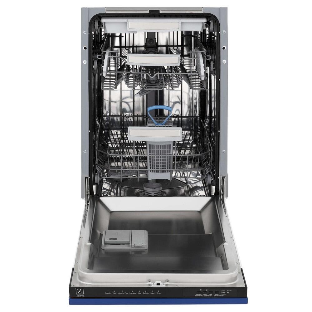 ZLINE 18 in. Tallac Series 3rd Rack Top Control Built-In Dishwasher in Blue Matte with Stainless Steel Tub, 51dBa (DWV-BM-18) front, open.