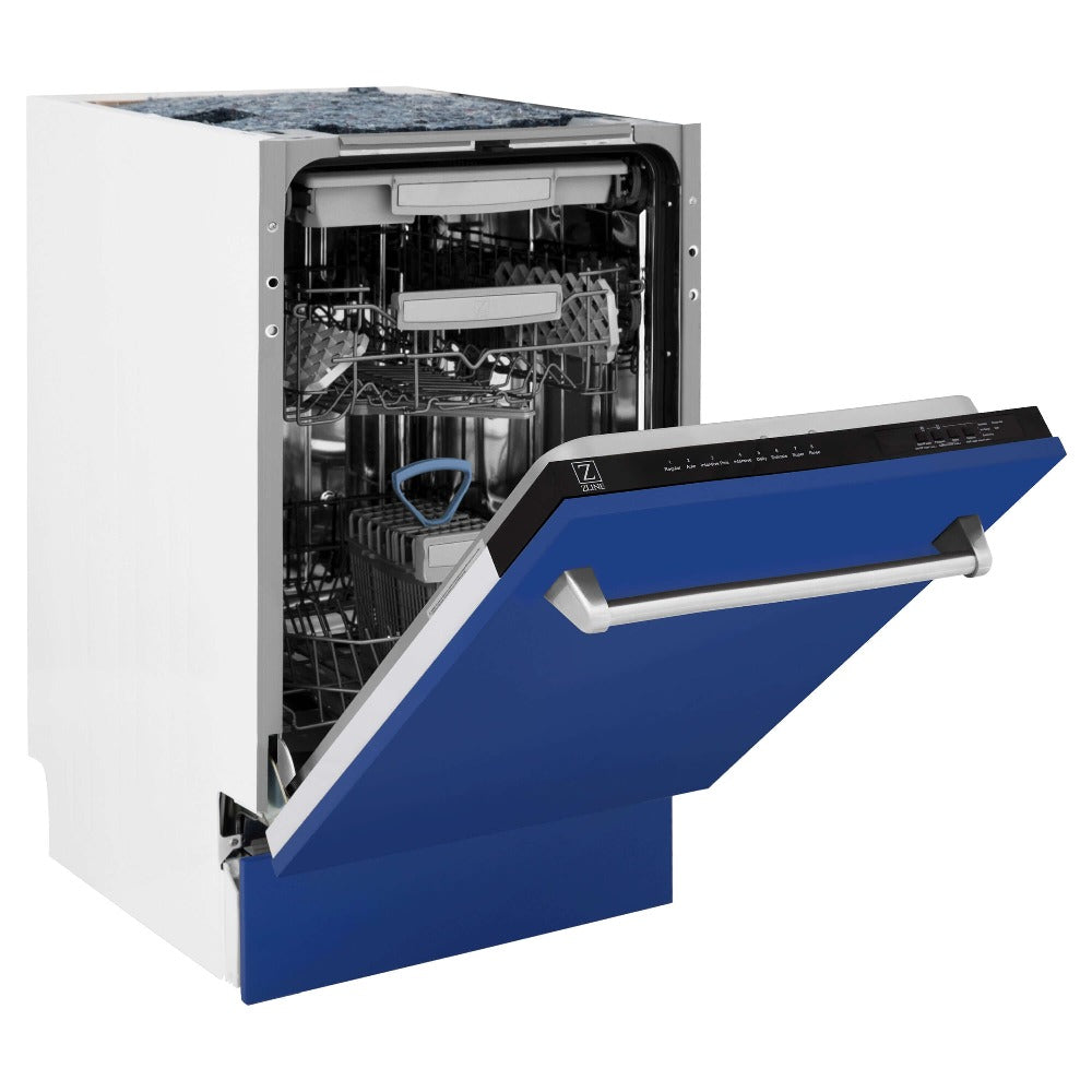 ZLINE 18 in. Tallac Series 3rd Rack Top Control Built-In Dishwasher in Blue Matte with Stainless Steel Tub, 51dBa (DWV-BM-18) side, half open.
