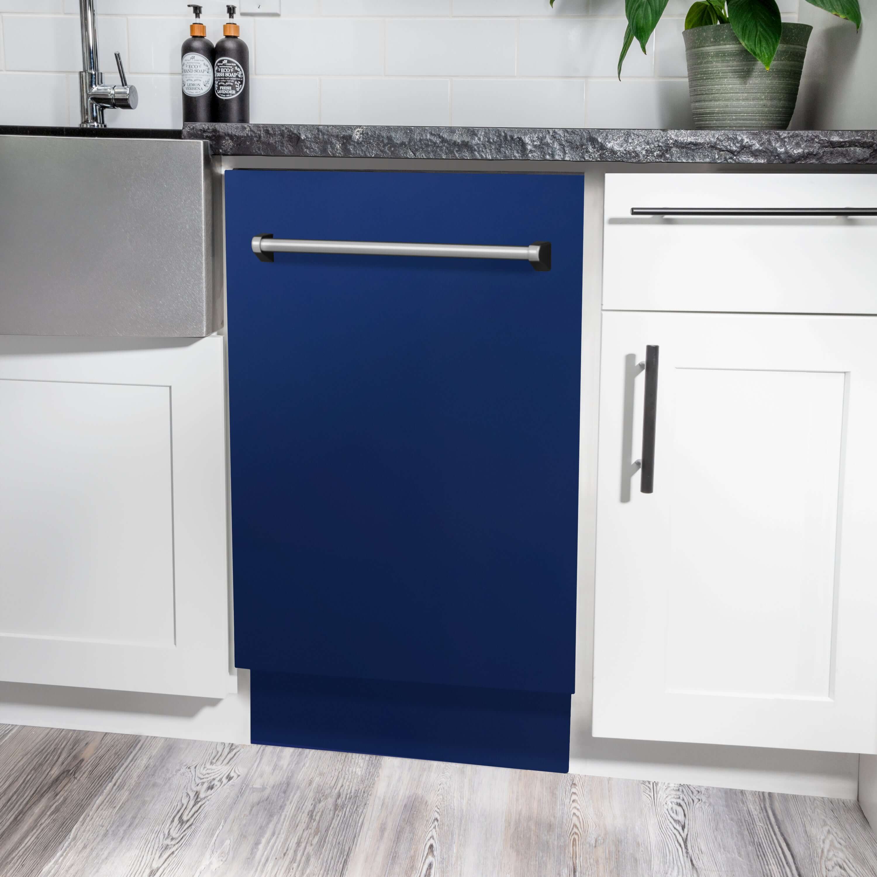 ZLINE 18 in. Tallac Series 3rd Rack Top Control Built-In Dishwasher in Blue Gloss with Stainless Steel Tub, 51dBa (DWV-BG-18) built-in to white cabinets with granite countertops in a luxury kitchen.