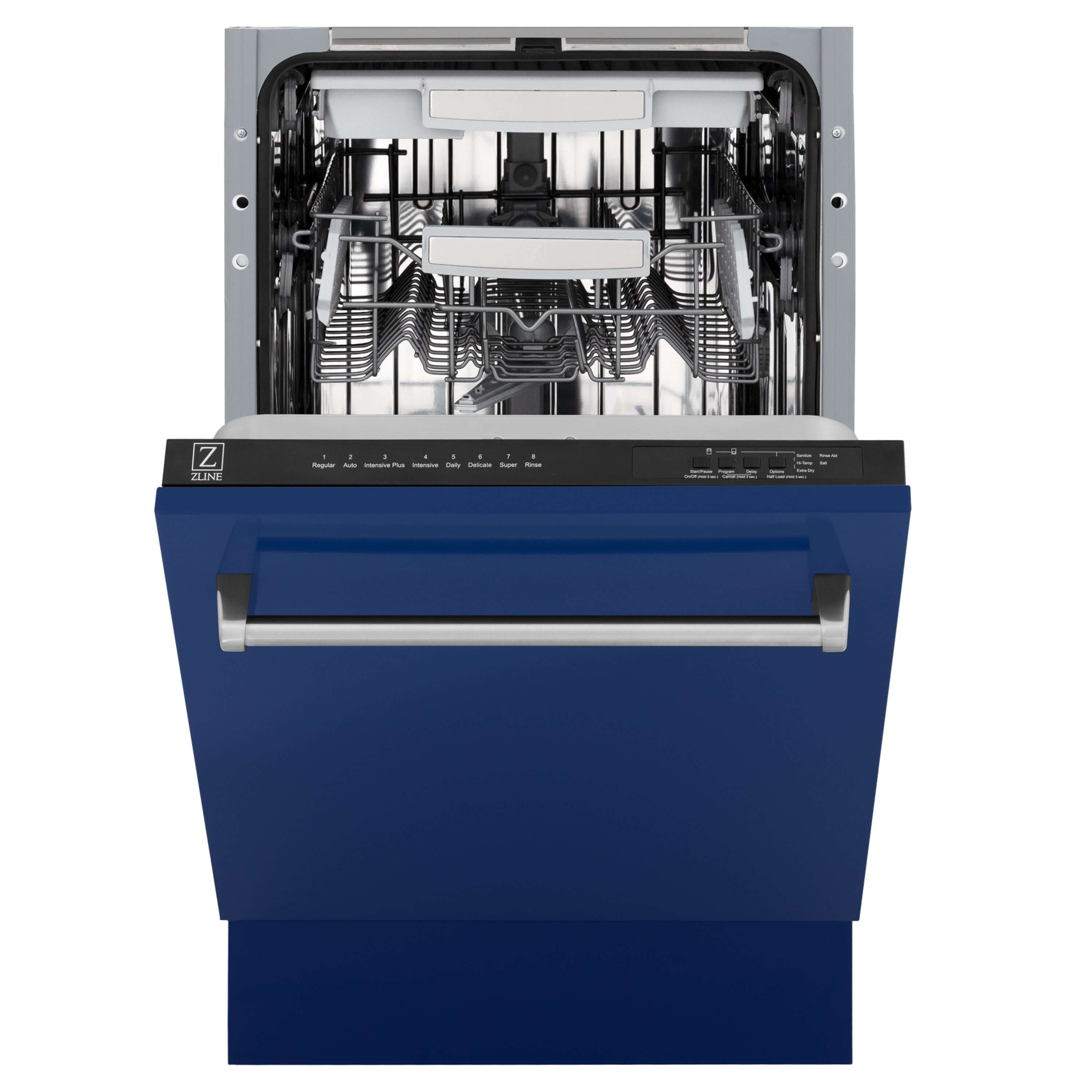 ZLINE 18 in. Tallac Series 3rd Rack Top Control Built-In Dishwasher in Blue Gloss with Stainless Steel Tub, 51dBa (DWV-BG-18) front, half open.