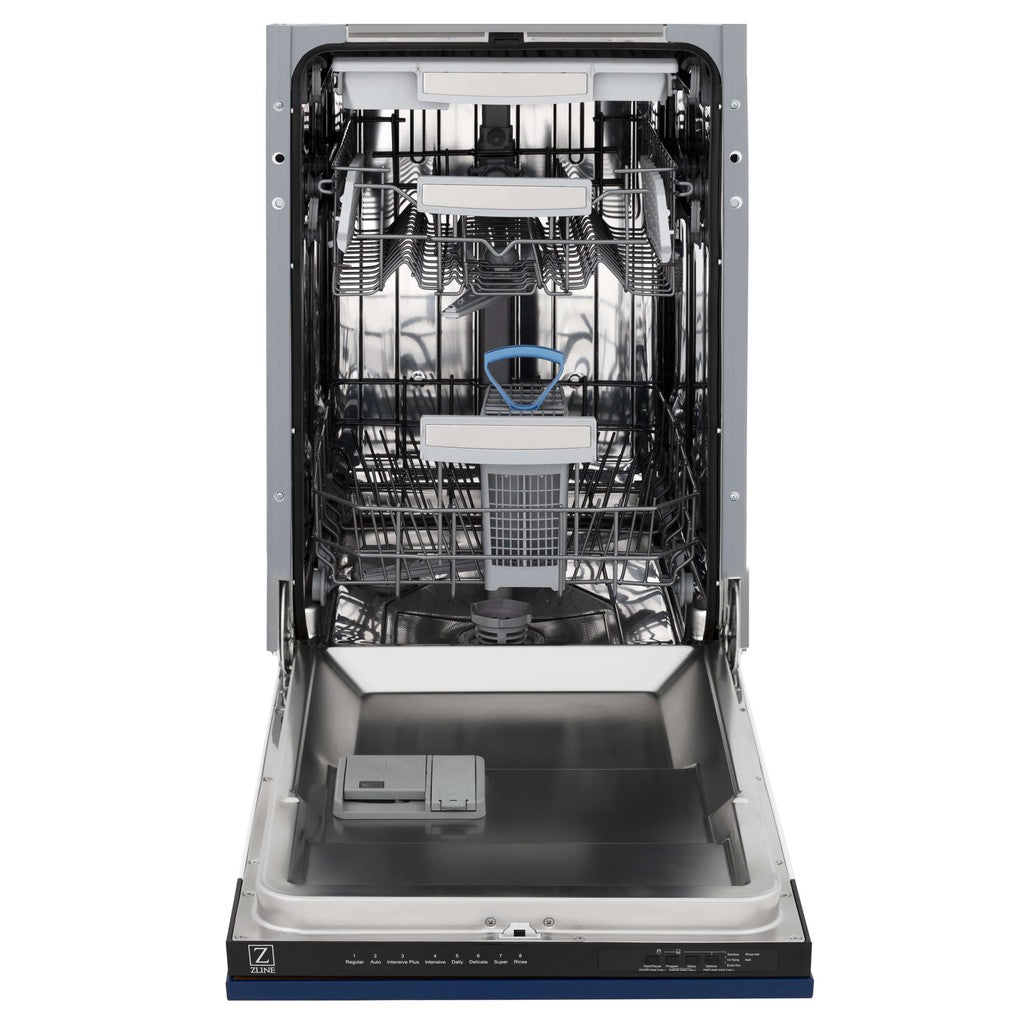 ZLINE 18 in. Tallac Series 3rd Rack Top Control Built-In Dishwasher in Blue Gloss with Stainless Steel Tub, 51dBa (DWV-BG-18) front, open.
