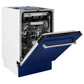 ZLINE 18 in. Tallac Series 3rd Rack Top Control Built-In Dishwasher in Blue Gloss with Stainless Steel Tub, 51dBa (DWV-BG-18) side, half open.