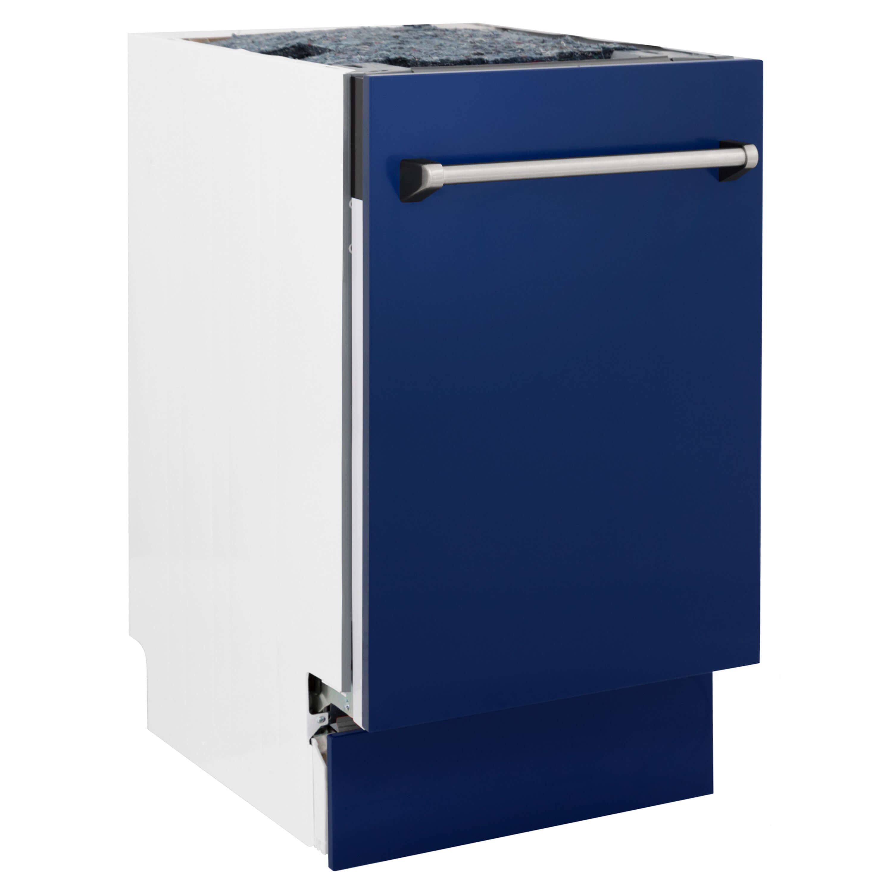ZLINE 18 in. Tallac Series 3rd Rack Top Control Built-In Dishwasher in Blue Gloss with Stainless Steel Tub, 51dBa (DWV-BG-18) front, closed.