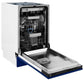 ZLINE 18 in. Tallac Series 3rd Rack Top Control Built-In Dishwasher in Blue Gloss with Stainless Steel Tub, 51dBa (DWV-BG-18) side, open.