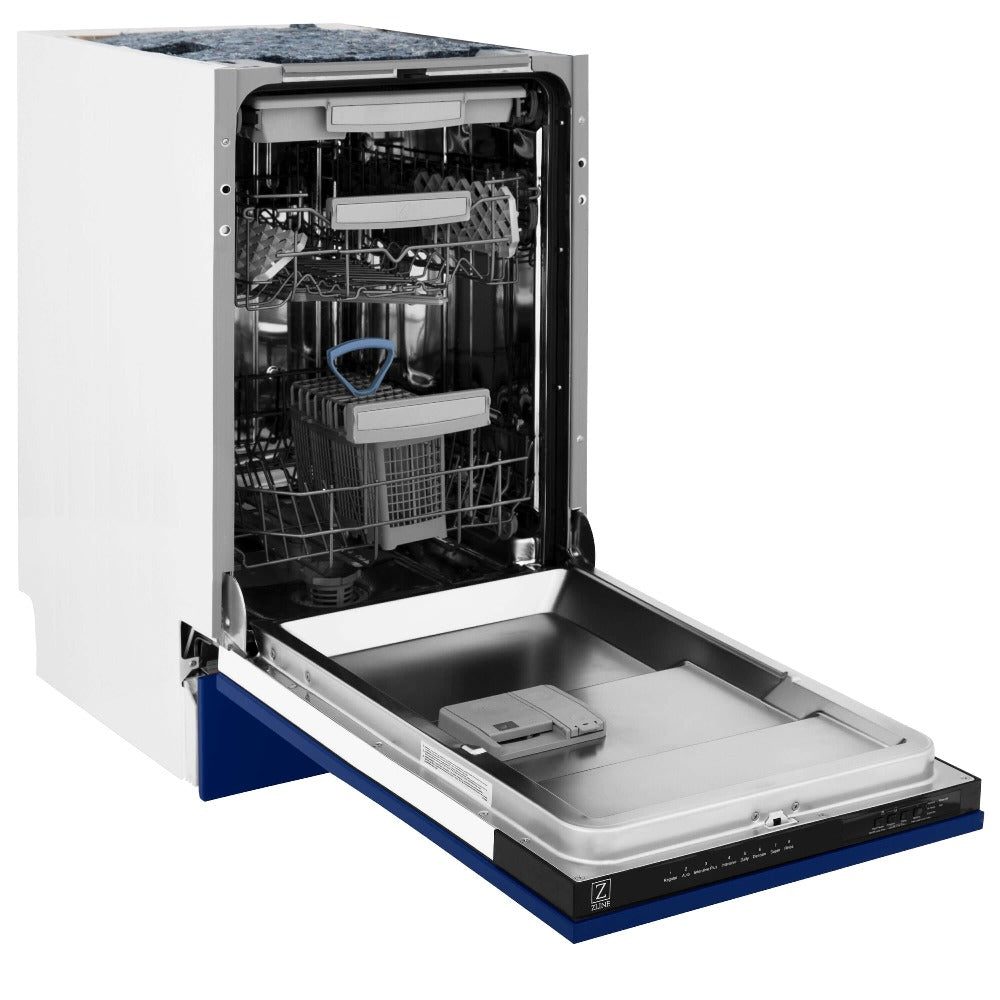ZLINE 18 in. Tallac Series 3rd Rack Top Control Built-In Dishwasher in Blue Gloss with Stainless Steel Tub, 51dBa (DWV-BG-18) side, open.