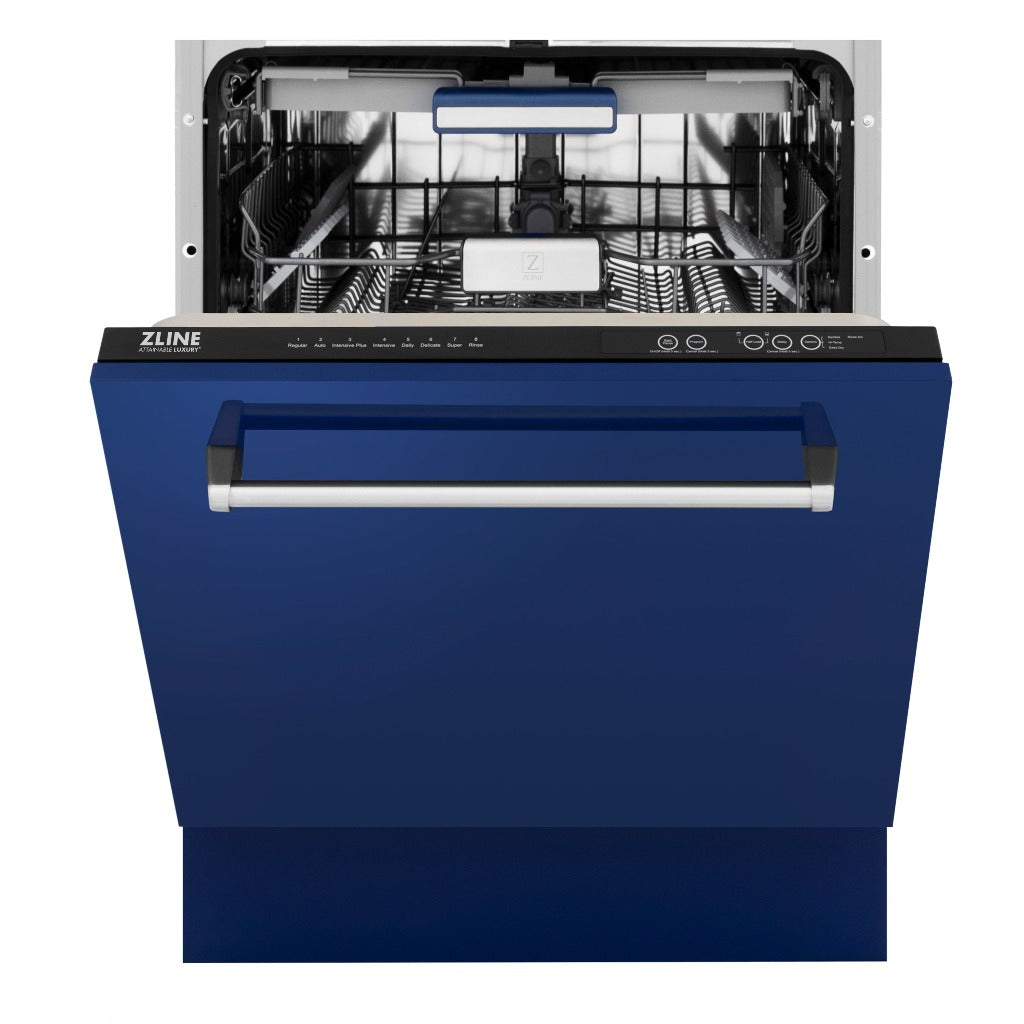 ZLINE 24 in. Tallac Series 3rd Rack Tall Tub Dishwasher in Blue Gloss with Stainless Steel Tub, 51dBa (DWV-BG-24) front, half open.