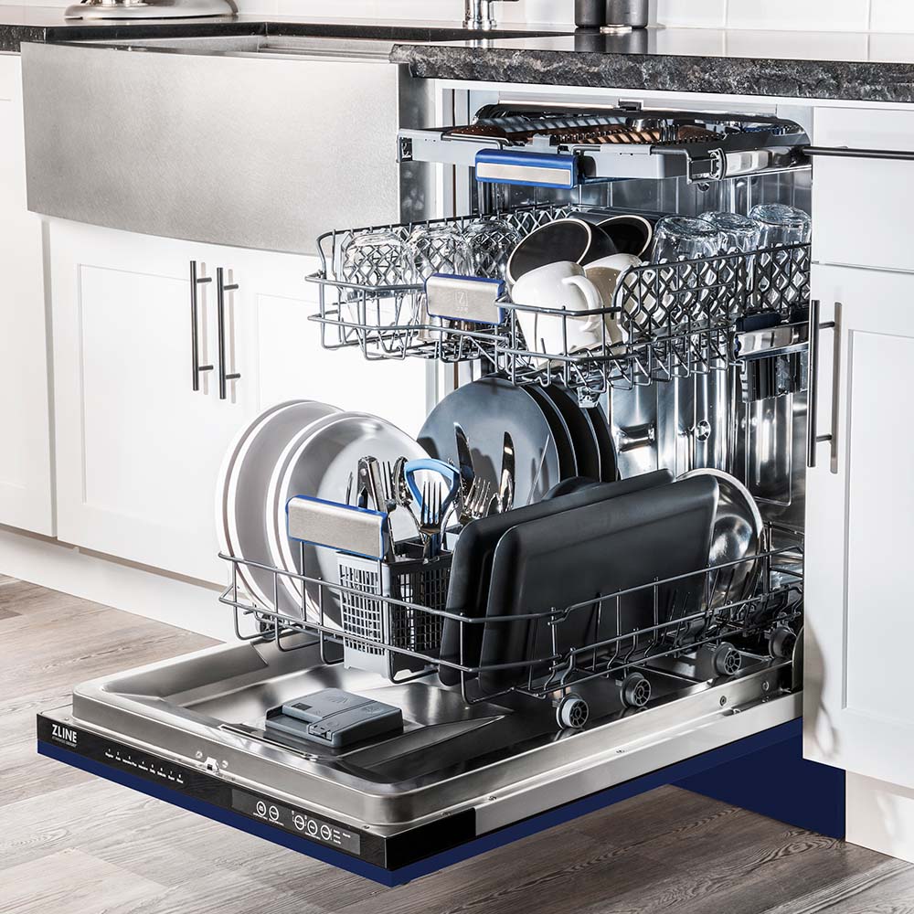 ZLINE 24 in. Tallac Series 3rd Rack Tall Tub Dishwasher in Blue Gloss with Stainless Steel Tub, 51dBa (DWV-BG-24) open with dishes loaded inside in a luxury kitchen, side.