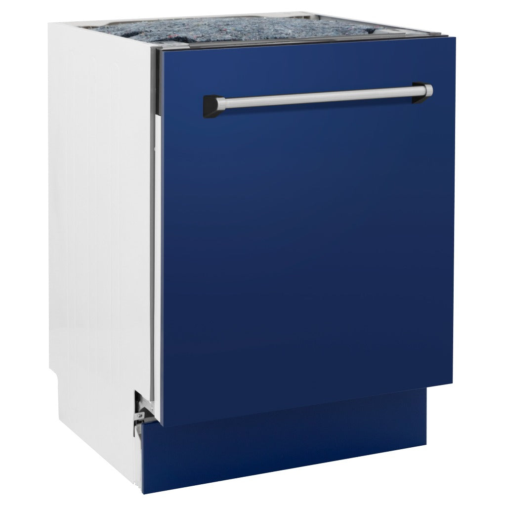 ZLINE 24 in. Tallac Series 3rd Rack Tall Tub Dishwasher in Blue Gloss with Stainless Steel Tub, 51dBa (DWV-BG-24) side, closed.
