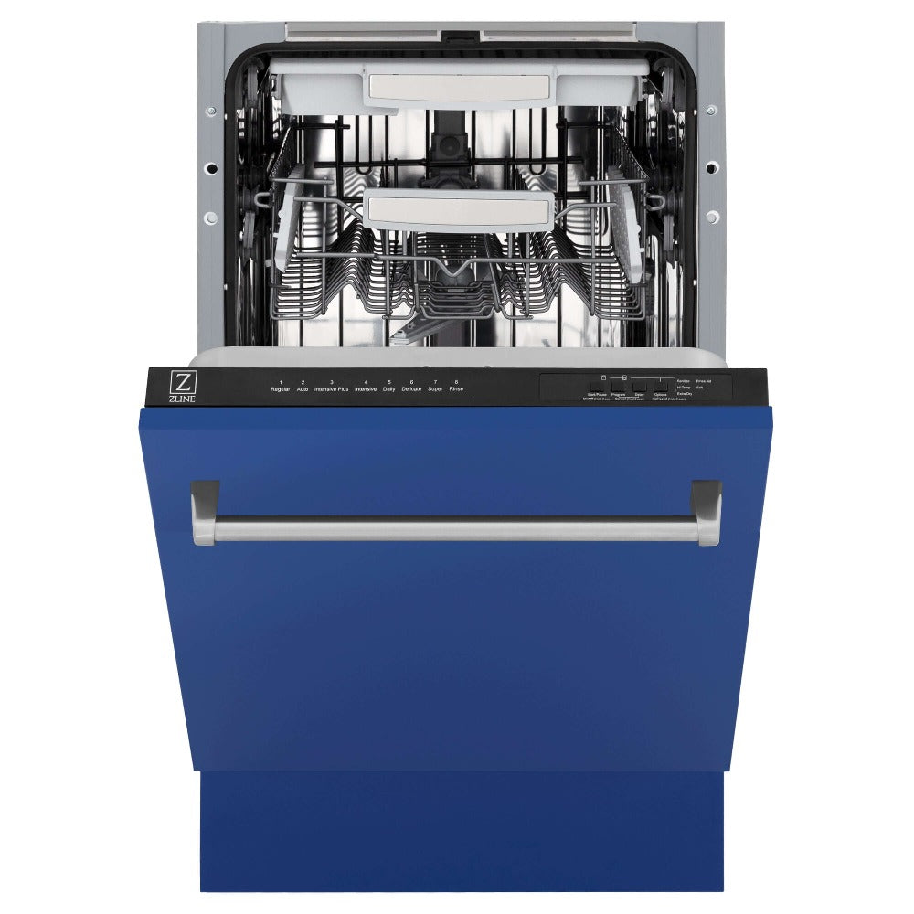 ZLINE 18 in. Tallac Series 3rd Rack Top Control Built-In Dishwasher in Blue Matte with Stainless Steel Tub, 51dBa (DWV-BM-18) front, half open.
