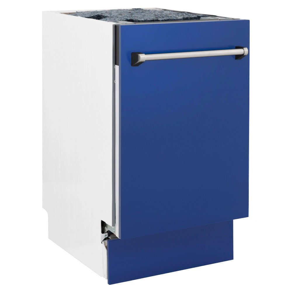 ZLINE 18 in. Tallac Series 3rd Rack Top Control Built-In Dishwasher in Blue Matte with Stainless Steel Tub, 51dBa (DWV-BM-18) side, closed.