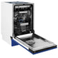 ZLINE 18 in. Tallac Series 3rd Rack Top Control Built-In Dishwasher in Blue Matte with Stainless Steel Tub, 51dBa (DWV-BM-18) side, open.