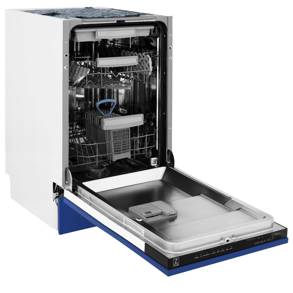 ZLINE 18 in. Tallac Series 3rd Rack Top Control Built-In Dishwasher in Blue Matte with Stainless Steel Tub, 51dBa (DWV-BM-18) side, open.