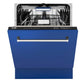 ZLINE 24 in. Tallac Series 3rd Rack Tall Tub Dishwasher in Blue Matte with Stainless Steel Tub, 51dBa (DWV-BM-24) front, half open.
