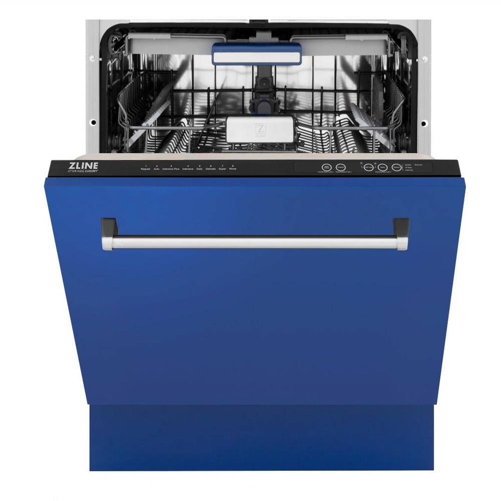 ZLINE 24 in. Tallac Series 3rd Rack Tall Tub Dishwasher in Blue Matte with Stainless Steel Tub, 51dBa (DWV-BM-24) front, half open.
