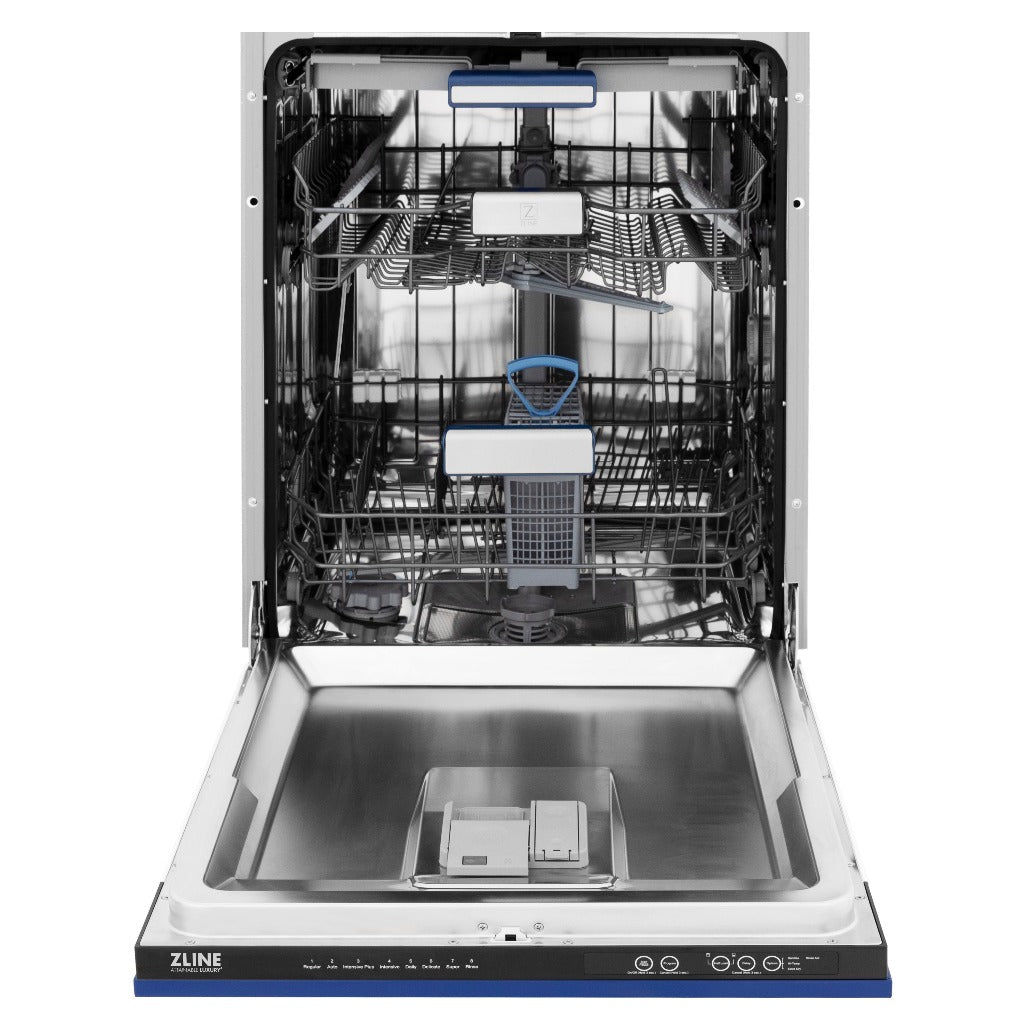 ZLINE 24 in. Tallac Series 3rd Rack Tall Tub Dishwasher in Blue Matte with Stainless Steel Tub, 51dBa (DWV-BM-24) front, open.