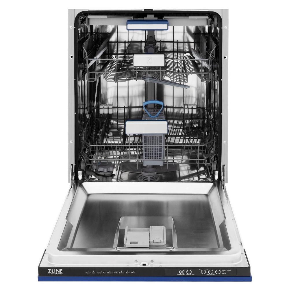 ZLINE 24 in. Tallac Series 3rd Rack Tall Tub Dishwasher in Blue Matte with Stainless Steel Tub, 51dBa (DWV-BM-24) front, open.