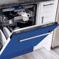 ZLINE 24 in. Tallac Series 3rd Rack Tall Tub Dishwasher in Blue Matte with Stainless Steel Tub, 51dBa (DWV-BM-24) half open with dishes loaded in a luxury kitchen.