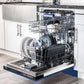 ZLINE 24 in. Tallac Series 3rd Rack Tall Tub Dishwasher in Blue Matte with Stainless Steel Tub, 51dBa (DWV-BM-24) open with dishes loaded inside in a luxury kitchen, side.