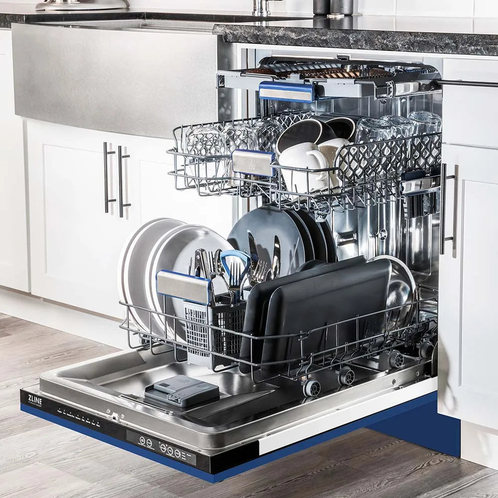 ZLINE 24 in. Tallac Series 3rd Rack Tall Tub Dishwasher in Blue Matte with Stainless Steel Tub, 51dBa (DWV-BM-24) open with dishes loaded inside in a luxury kitchen, side.