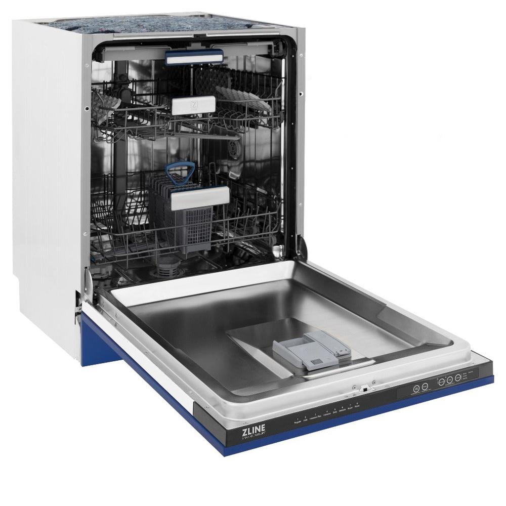 ZLINE 24 in. Tallac Series 3rd Rack Tall Tub Dishwasher in Blue Matte with Stainless Steel Tub, 51dBa (DWV-BM-24) side, open.