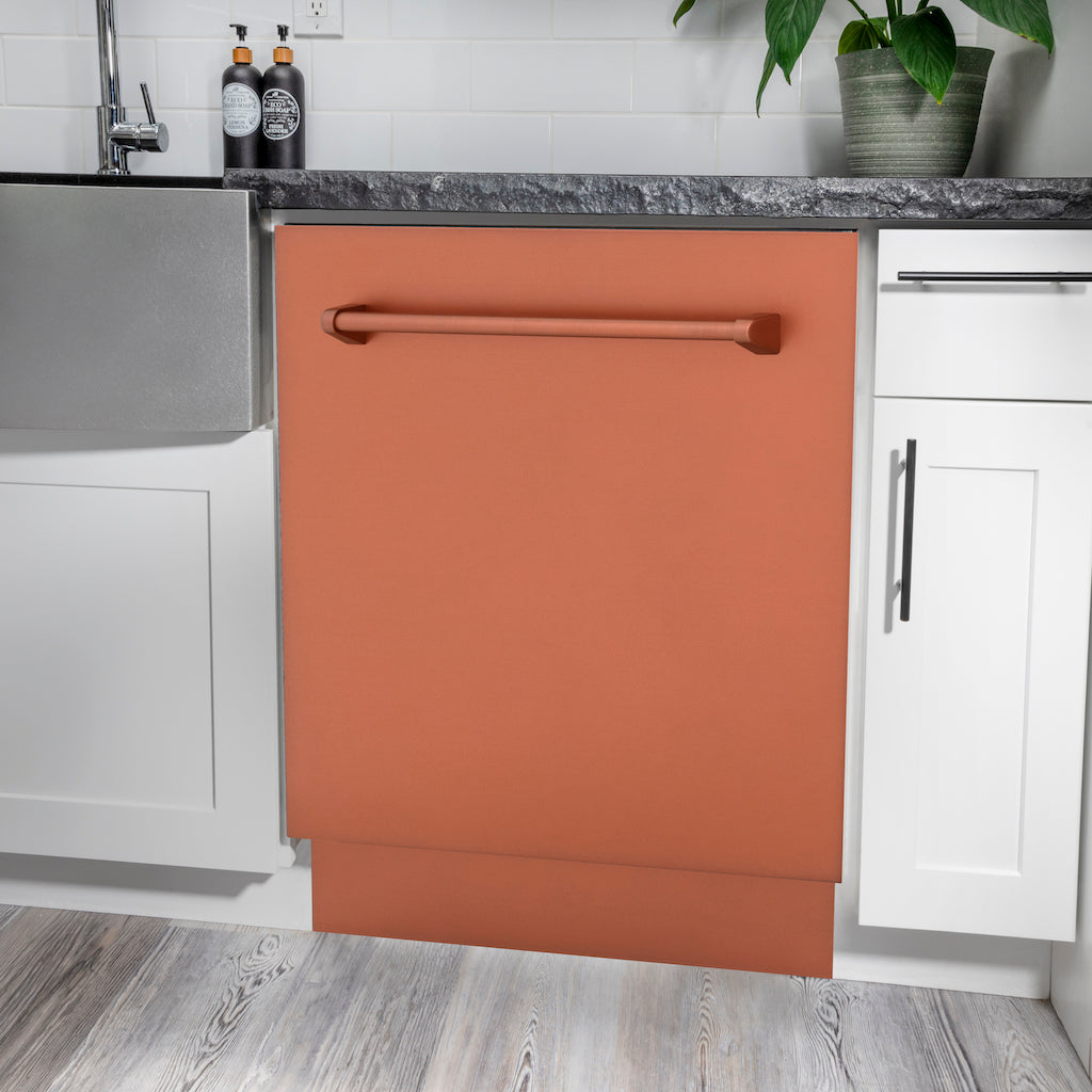 ZLINE 24 in. Tallac Series 3rd Rack Tall Tub Dishwasher in Copper with Stainless Steel Tub, 51dBa (DWV-C-24) built-in to white cabinets with granite countertops in a luxury kitchen.