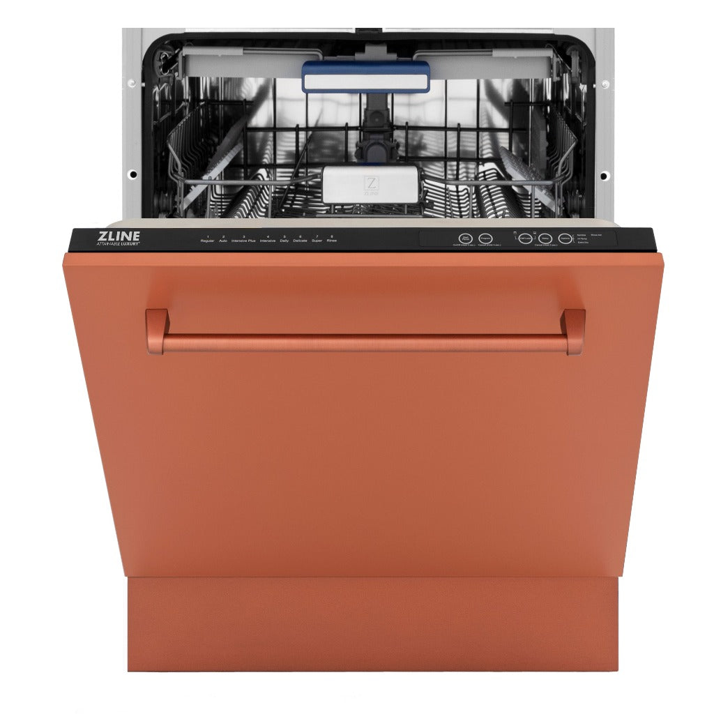 ZLINE 24 in. Tallac Series 3rd Rack Tall Tub Dishwasher in Copper with Stainless Steel Tub, 51dBa (DWV-C-24) front, half open.